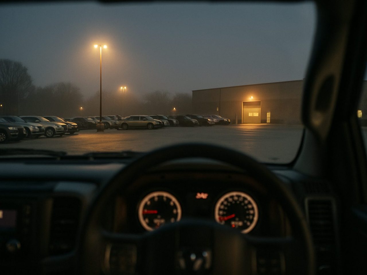 View through a pickup windshield before dawn: a foggy employee parking lot, a sodium light, and a lit warehouse entrance in the distance