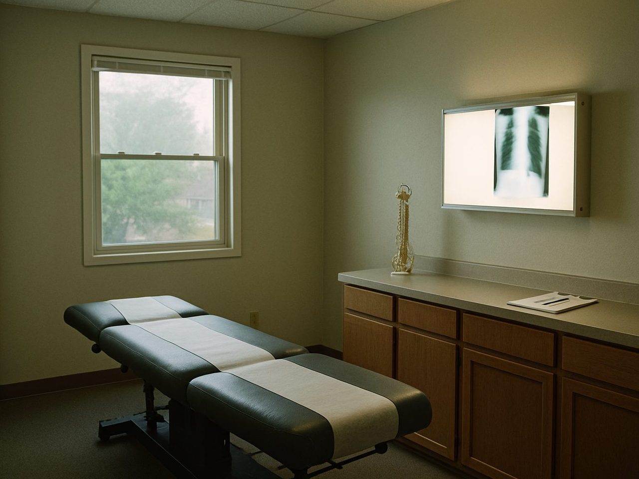 A quiet chiropractic exam room: a segmented treatment table, a spine model on the counter, a clipboard, and a lit x-ray lightbox on the wall