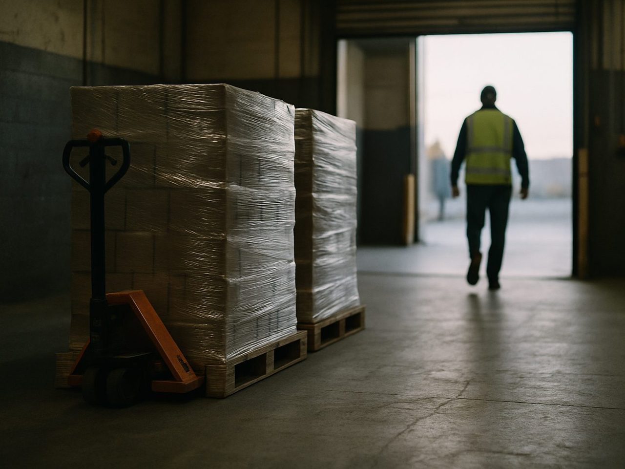 A warehouse loading dock at shift change: a pallet jack beside two shrink-wrapped pallets, and a worker in a high-visibility vest walking away toward the open bay door