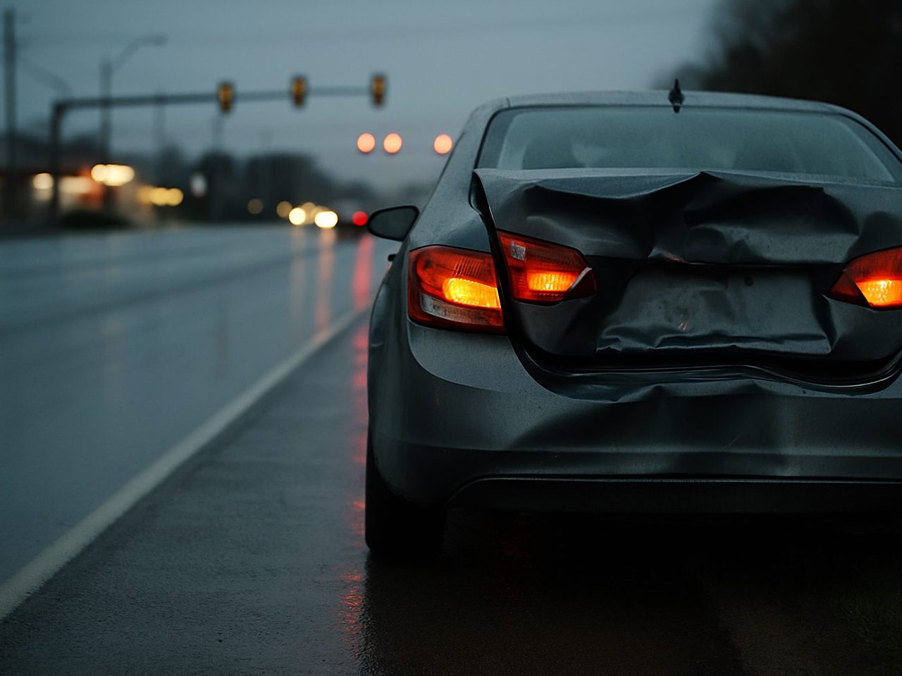 Rear of a gray sedan with a crumpled trunk lid and a broken taillight, hazard lights on, pulled onto the shoulder of a wet four-lane road at dusk