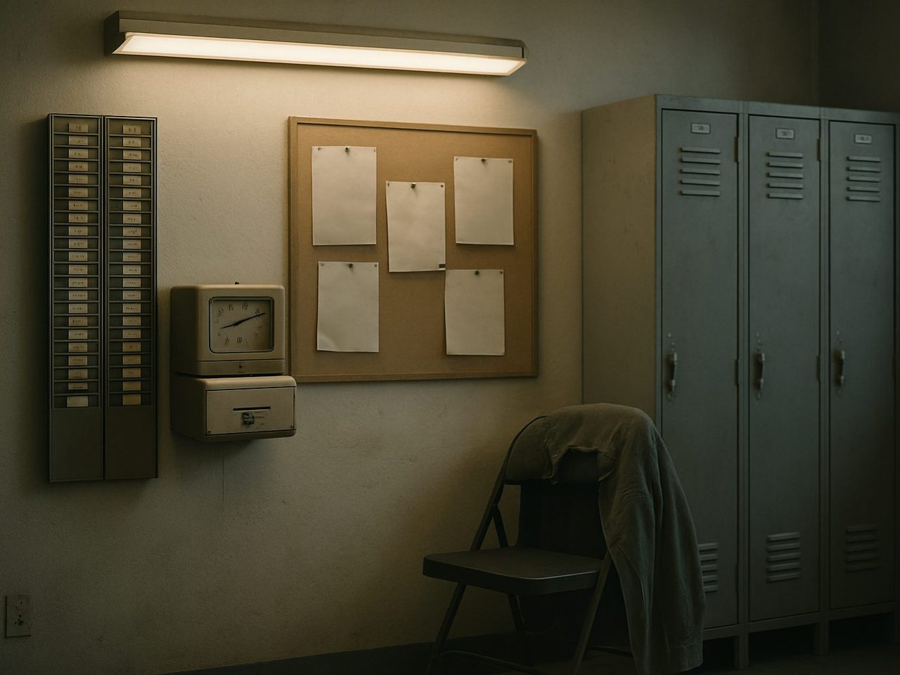 A break-room wall under fluorescent light: a punch time clock, a rack of time cards, a corkboard with blank pinned papers, lockers, and a folding chair with a work jacket over it